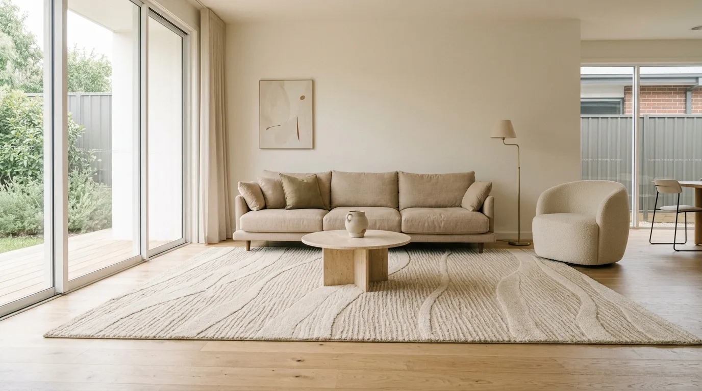 Contemporary neutral rug in a light-filled Australian living room with timber flooring