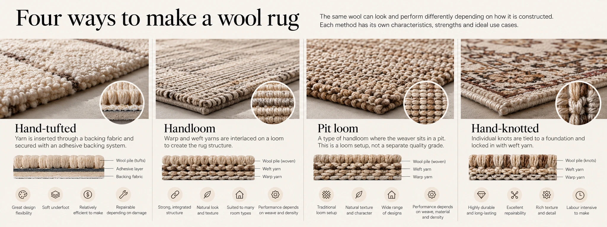 Four wool rug construction methods compared side by side: hand-tufted, handloom, pit loom and hand-knotted.