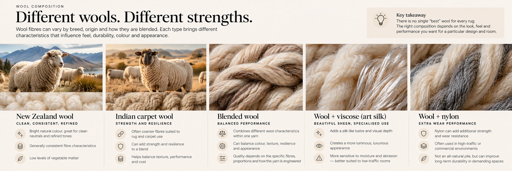 Comparison of New Zealand wool, Indian carpet wool, blended wool, wool with viscose and wool with nylon, showing different strengths and use cases.